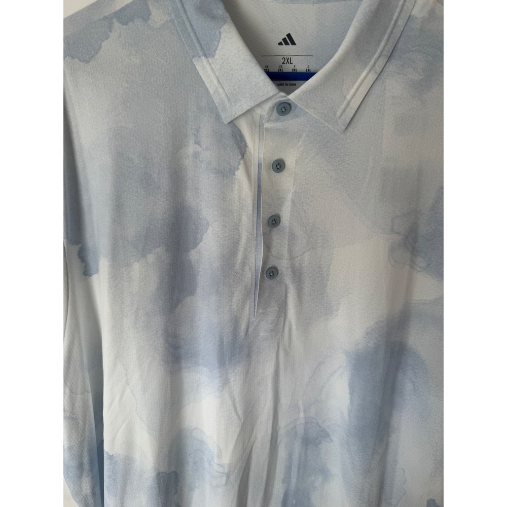 Adidas Mens 2XL Blue White Watercolor Cloud Print Golf Polo Shirt NWT